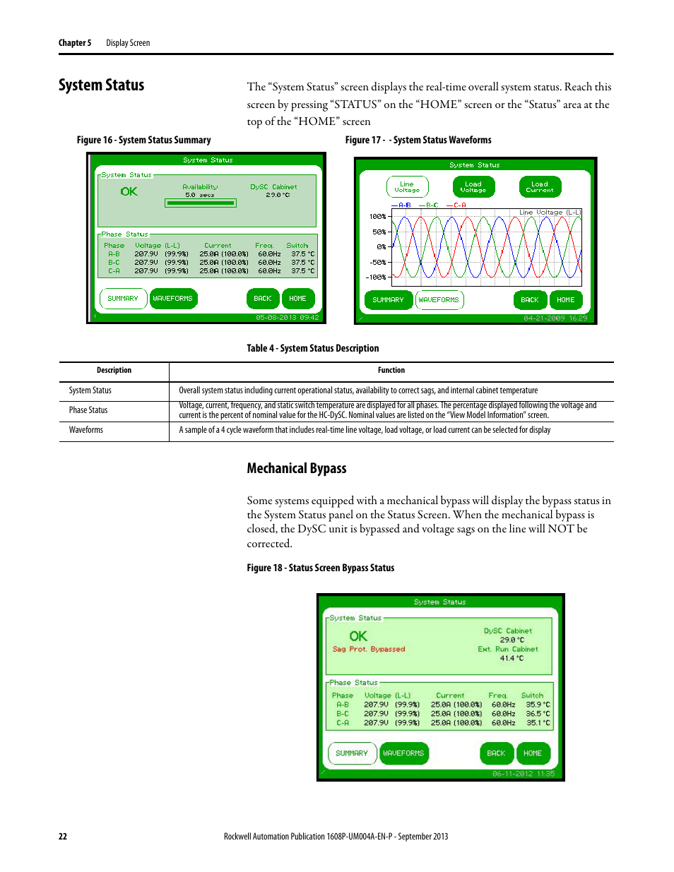System status, Figure 16 - system status summary, Figure 17 - - system status waveforms | Table 4 - system status description, Figure 18 - status screen bypass status, Mechanical bypass | Rockwell Automation 1608 HC-DySC User Manual, 200 A User Manual | Page 22 / 40