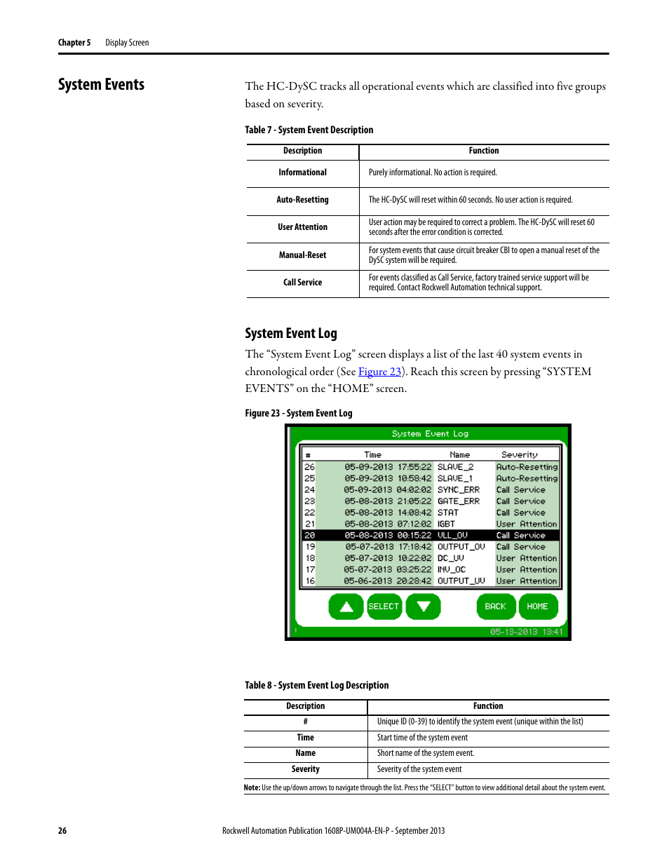 System events, Table 7 - system event description, Informational | Auto-resetting, User attention, Manual-reset, Call service, System event log, Figure 23 - system event log, Table 8 - system event log description | Rockwell Automation 1608 HC-DySC User Manual, 200 A User Manual | Page 26 / 40