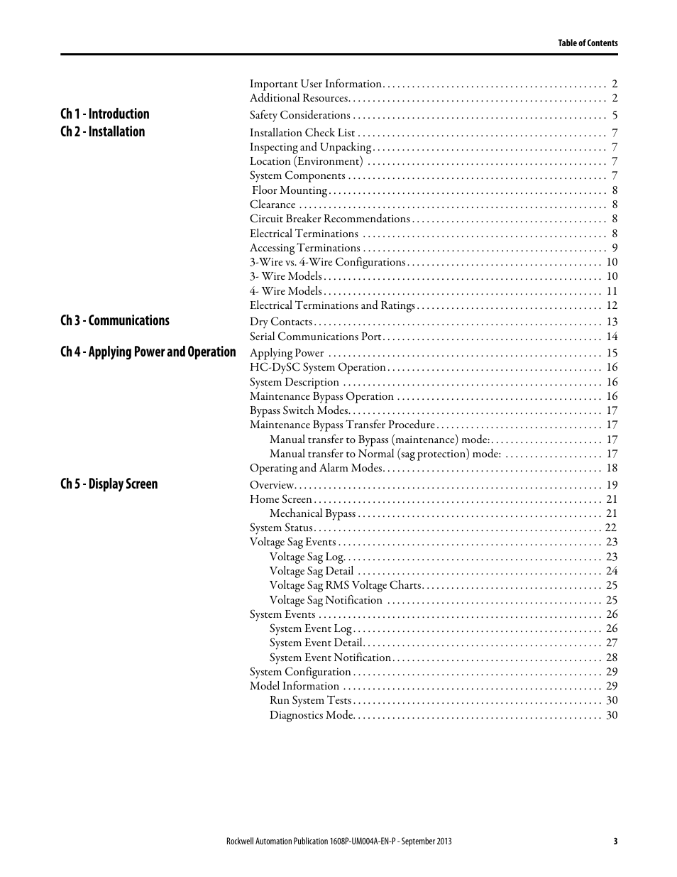 Ch 1 - introduction, Ch 2 - installation, Ch 3 - communications | Ch 4 - applying power and operation, Ch 5 - display screen | Rockwell Automation 1608 HC-DySC User Manual, 200 A User Manual | Page 3 / 40