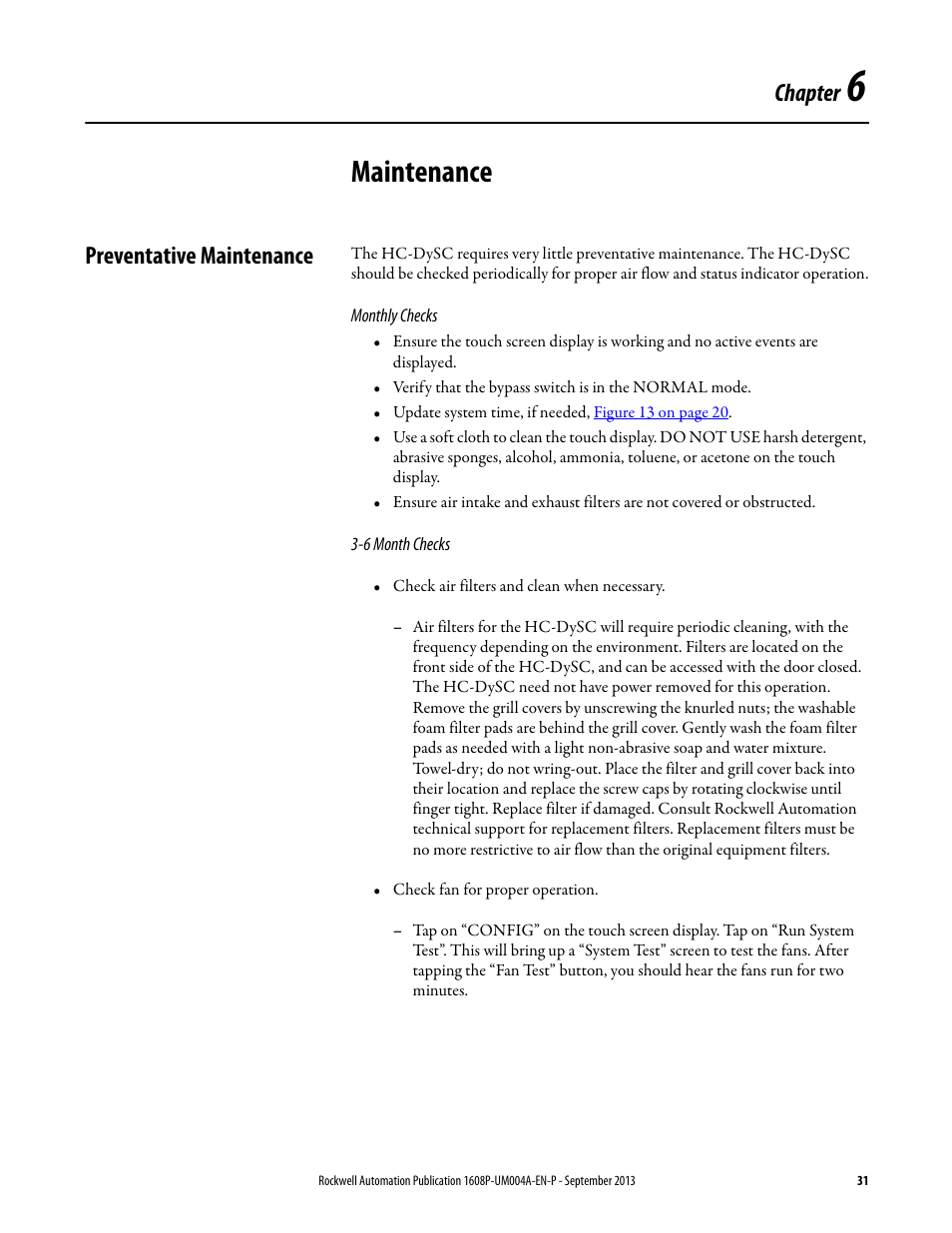 Chapter 6, Maintenance, Preventative maintenance | Monthly checks, 6 month checks, Ch 6 - maintenance, Monthly checks 3-6 month checks, Chapter | Rockwell Automation 1608 HC-DySC User Manual, 200 A User Manual | Page 31 / 40