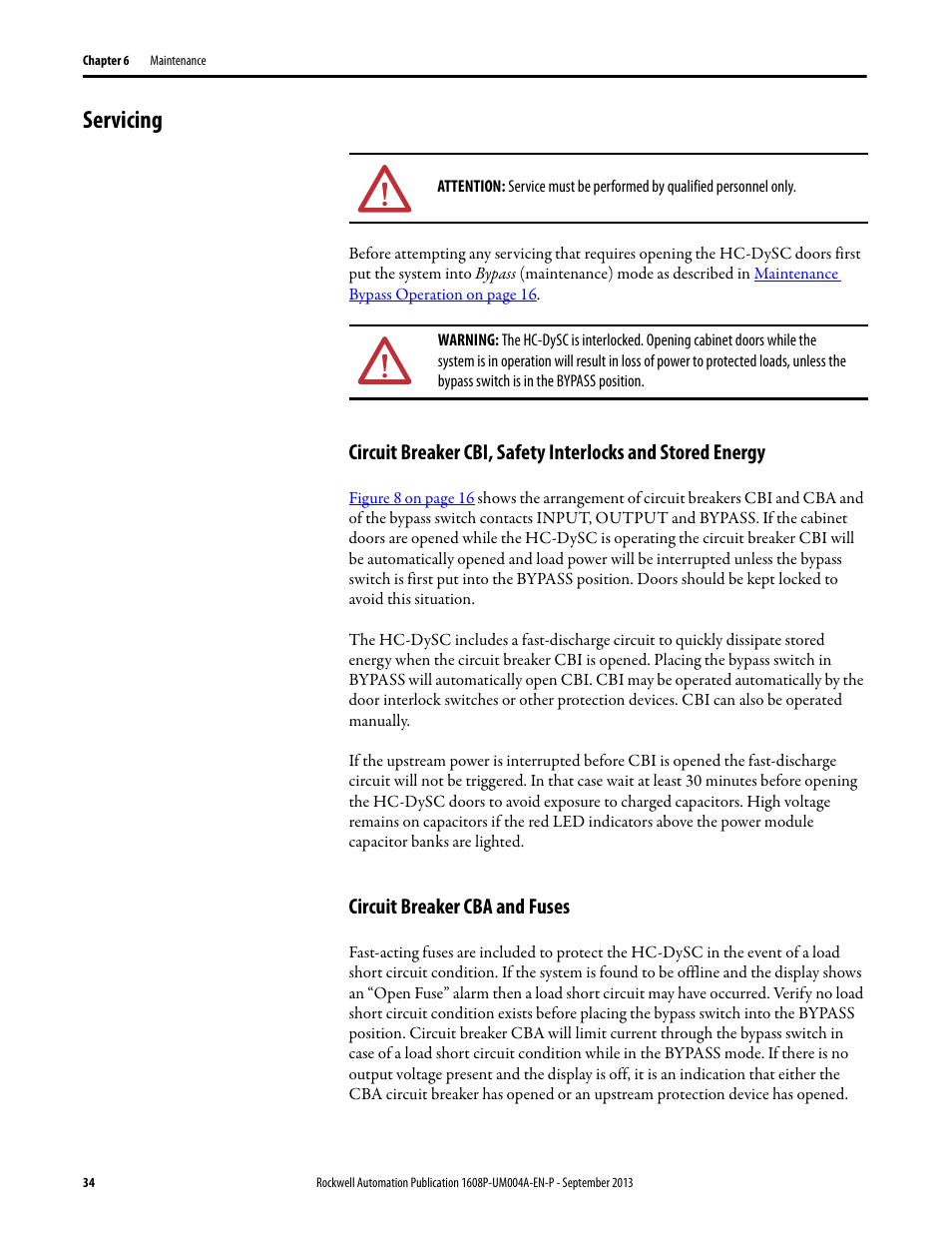 Servicing, Circuit breaker cba and fuses | Rockwell Automation 1608 HC-DySC User Manual, 200 A User Manual | Page 34 / 40