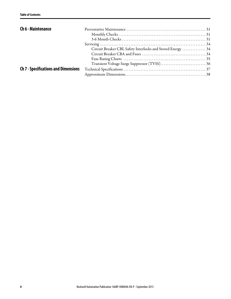 Ch 6 - maintenance, Ch 7 - specifications and dimensions | Rockwell Automation 1608 HC-DySC User Manual, 200 A User Manual | Page 4 / 40