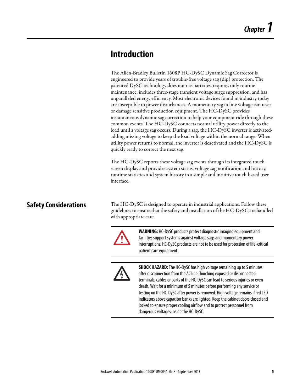 Chapter 1, Introduction, Safety considerations | Ch 1 - introduction | Rockwell Automation 1608 HC-DySC User Manual, 200 A User Manual | Page 5 / 40