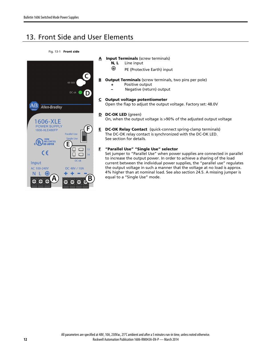Front side and user elements, Cd e f | Rockwell Automation 1606-XLE480FP Power Supply Reference Manual User Manual | Page 12 / 26