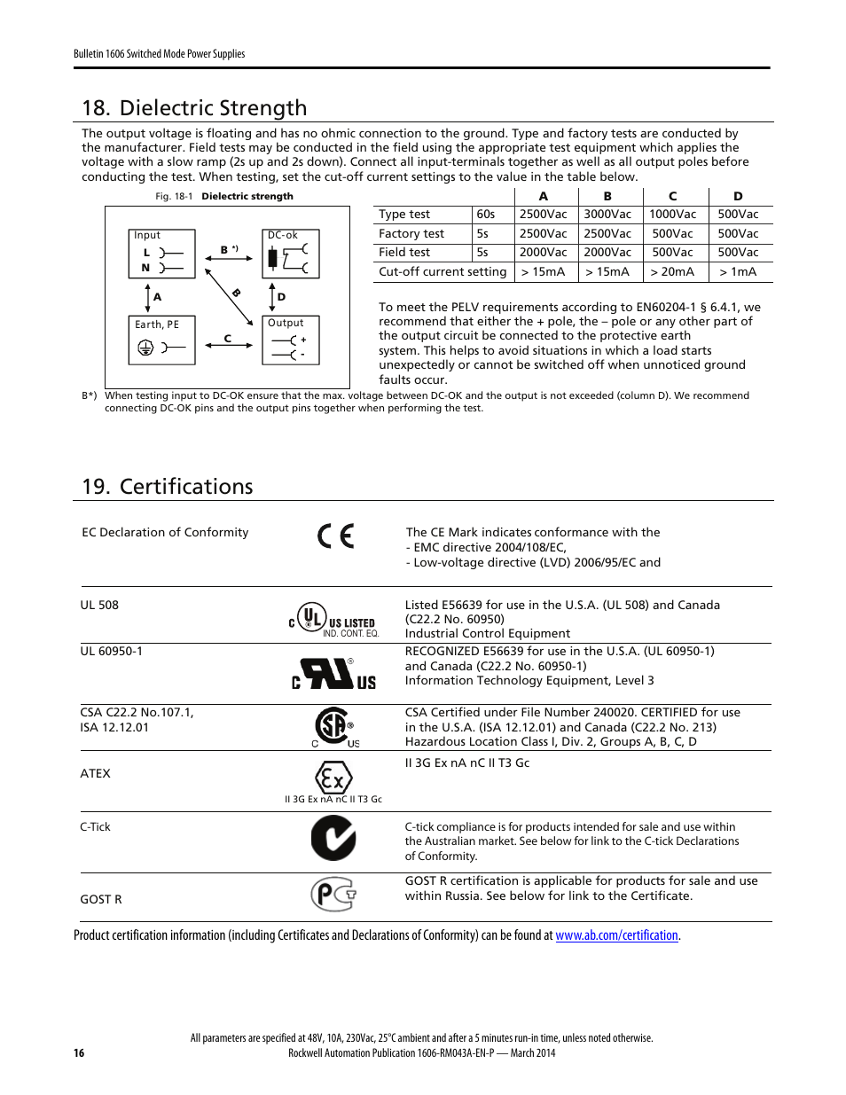 Dielectric strength, Certifications | Rockwell Automation 1606-XLE480FP Power Supply Reference Manual User Manual | Page 16 / 26