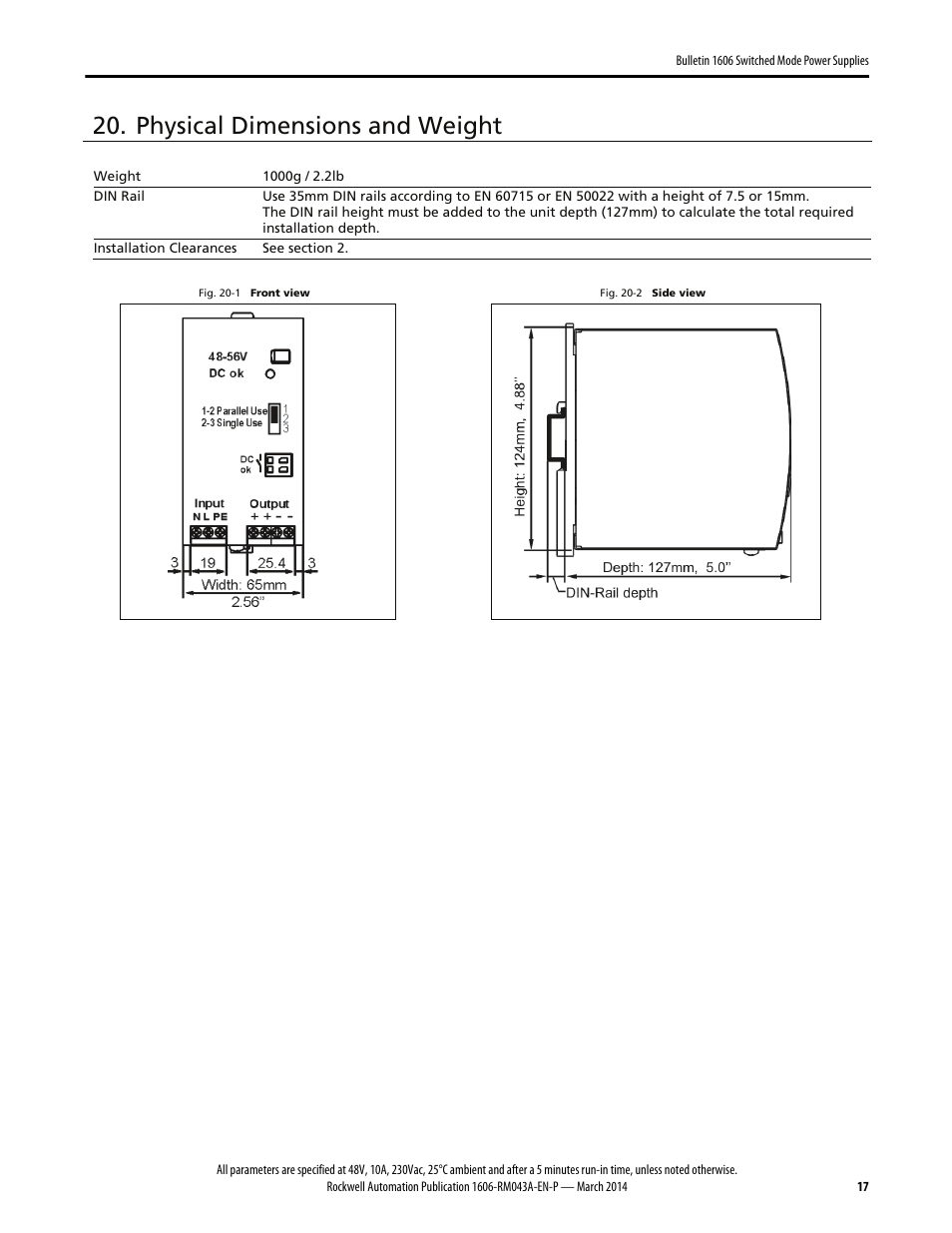 Physical dimensions and weight | Rockwell Automation 1606-XLE480FP Power Supply Reference Manual User Manual | Page 17 / 26