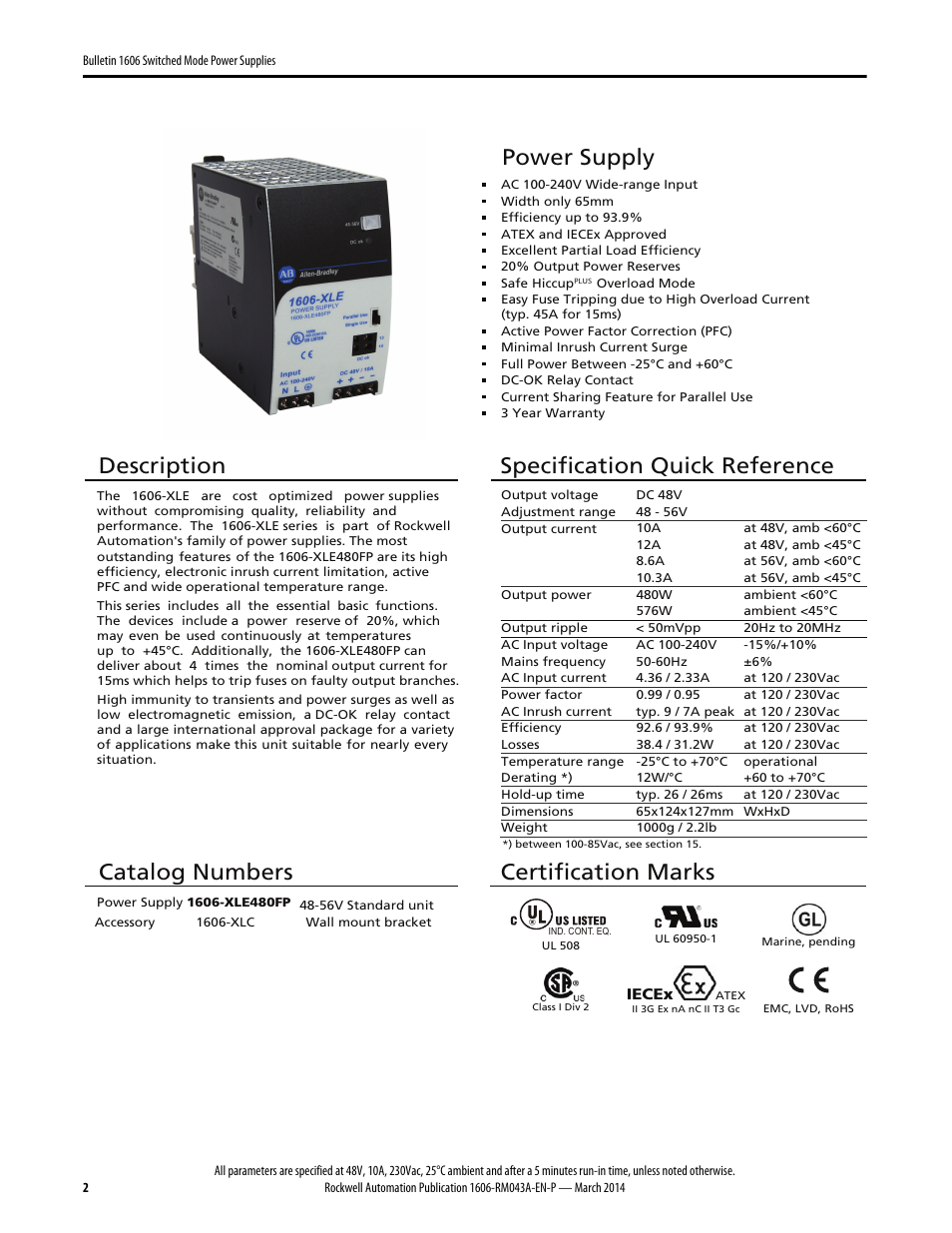 Power supply, Description, Specification quick reference | Catalog numbers, Certification marks | Rockwell Automation 1606-XLE480FP Power Supply Reference Manual User Manual | Page 2 / 26