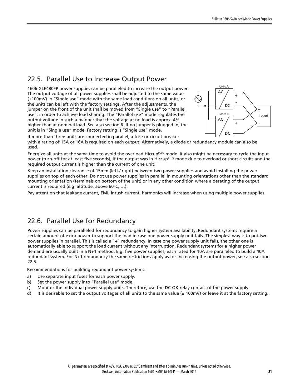Parallel use to increase output power, Parallel use for redundancy | Rockwell Automation 1606-XLE480FP Power Supply Reference Manual User Manual | Page 21 / 26