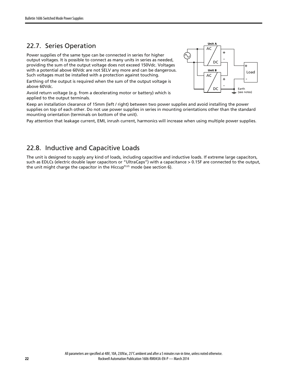 Series operation, Inductive and capacitive loads | Rockwell Automation 1606-XLE480FP Power Supply Reference Manual User Manual | Page 22 / 26