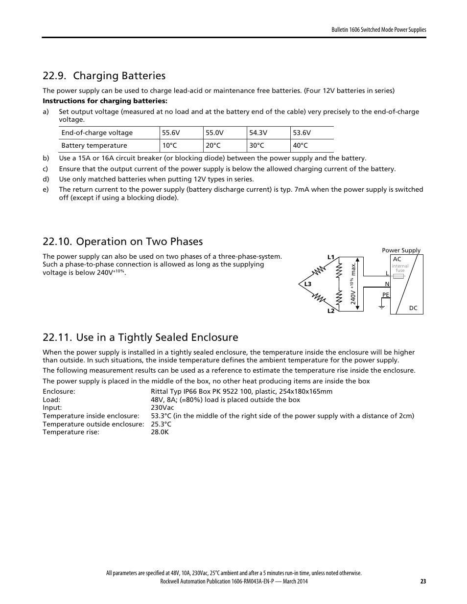 Charging batteries, Operation on two phases, Use in a tightly sealed enclosure | Rockwell Automation 1606-XLE480FP Power Supply Reference Manual User Manual | Page 23 / 26