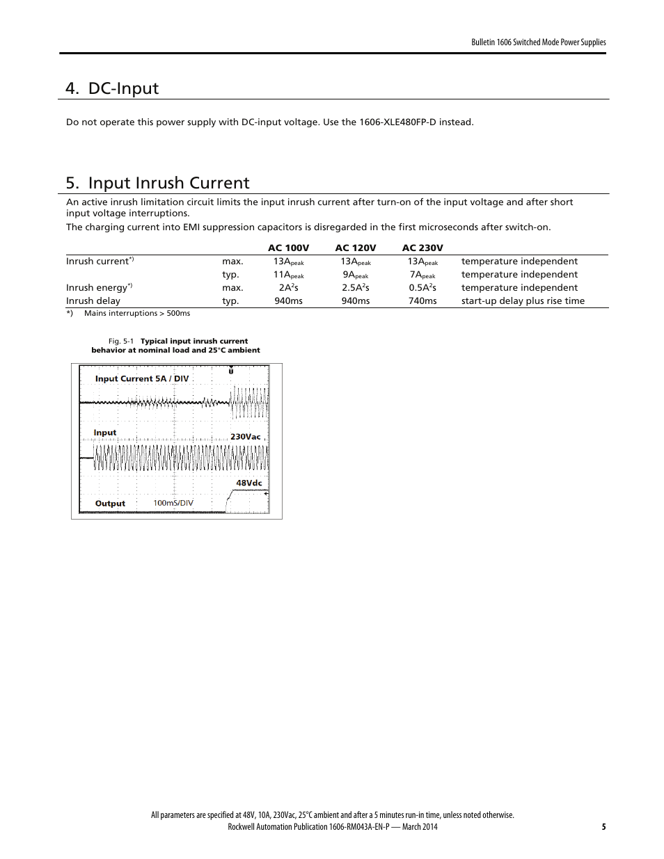 Dc-input, Input inrush current | Rockwell Automation 1606-XLE480FP Power Supply Reference Manual User Manual | Page 5 / 26