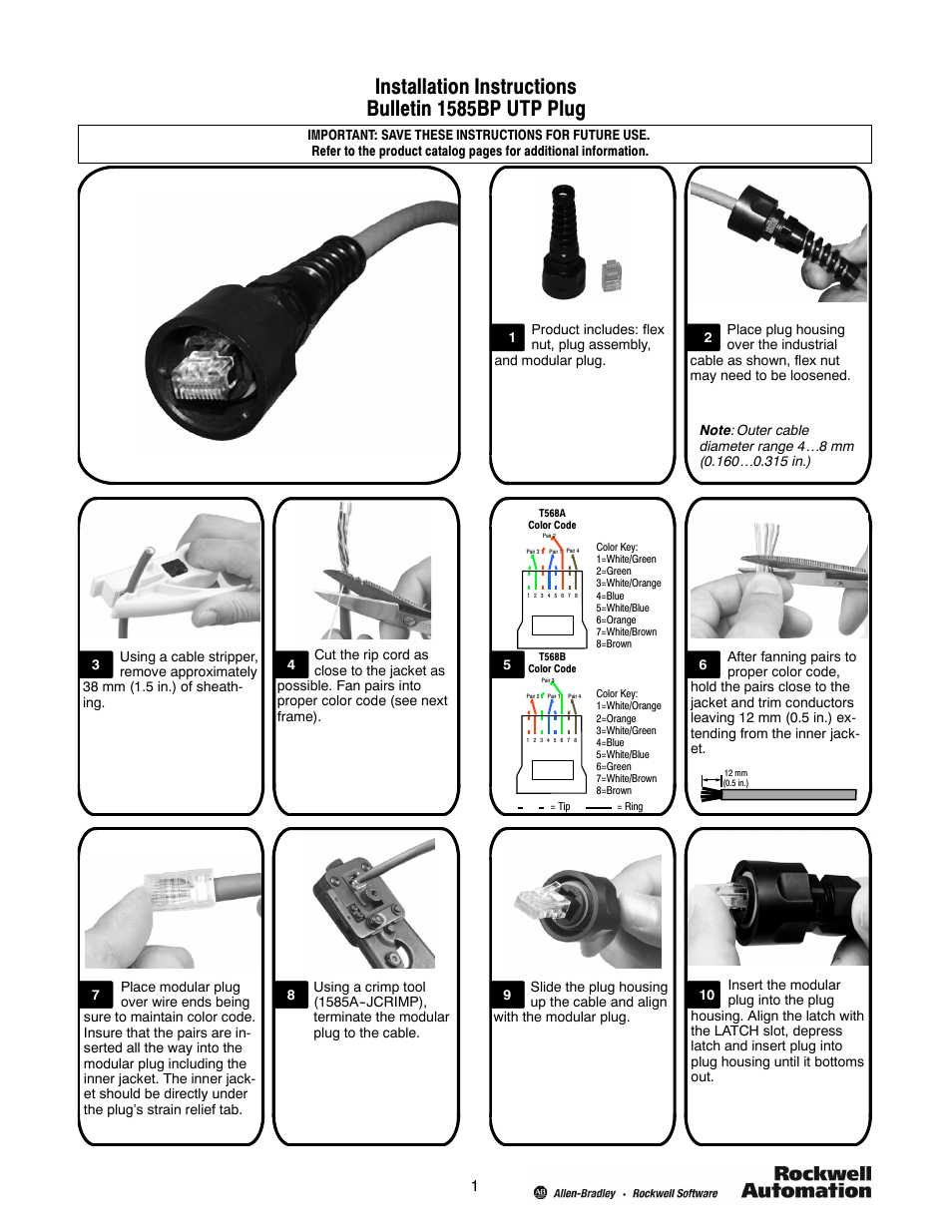 Rockwell Automation 1585BP UTP Plug Installation Instructions User Manual | 2 pages