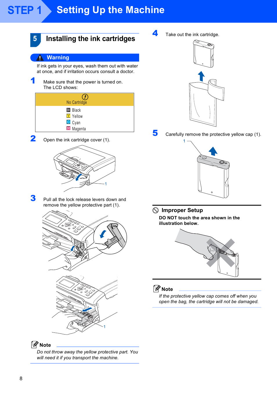 5 installing the ink cartridges, Installing the ink cartridges, Step 1 | Setting up the machine, 5installing the ink cartridges, Warning, Improper setup | Brother DCP-770W User Manual | Page 10 / 53