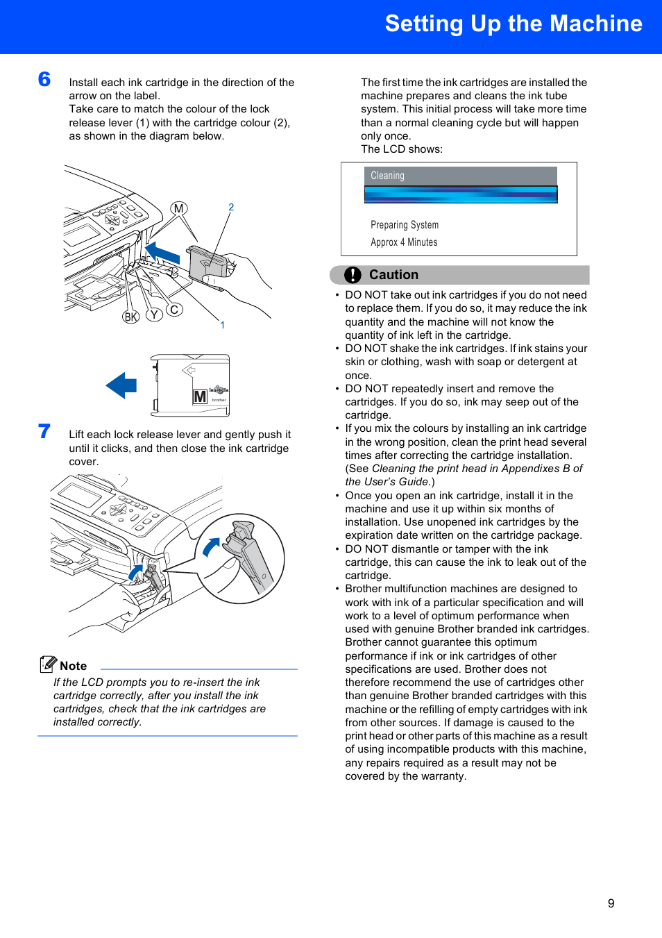 Setting up the machine, Caution | Brother DCP-770W User Manual | Page 11 / 53