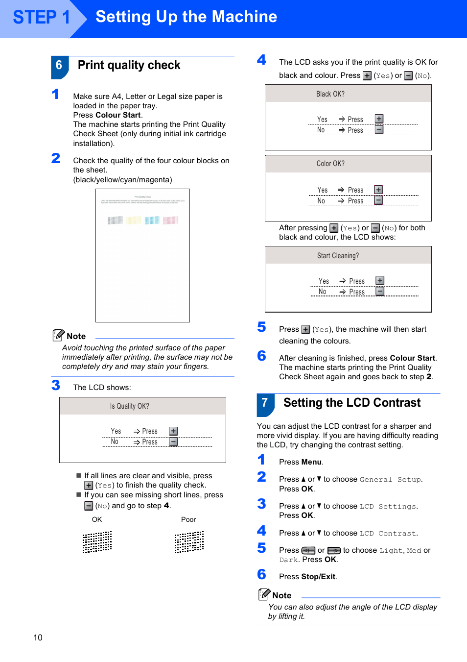 6 print quality check, 7 setting the lcd contrast, Print quality check setting the lcd contrast | Step 1, Setting up the machine, 6print quality check, 7setting the lcd contrast | Brother DCP-770W User Manual | Page 12 / 53
