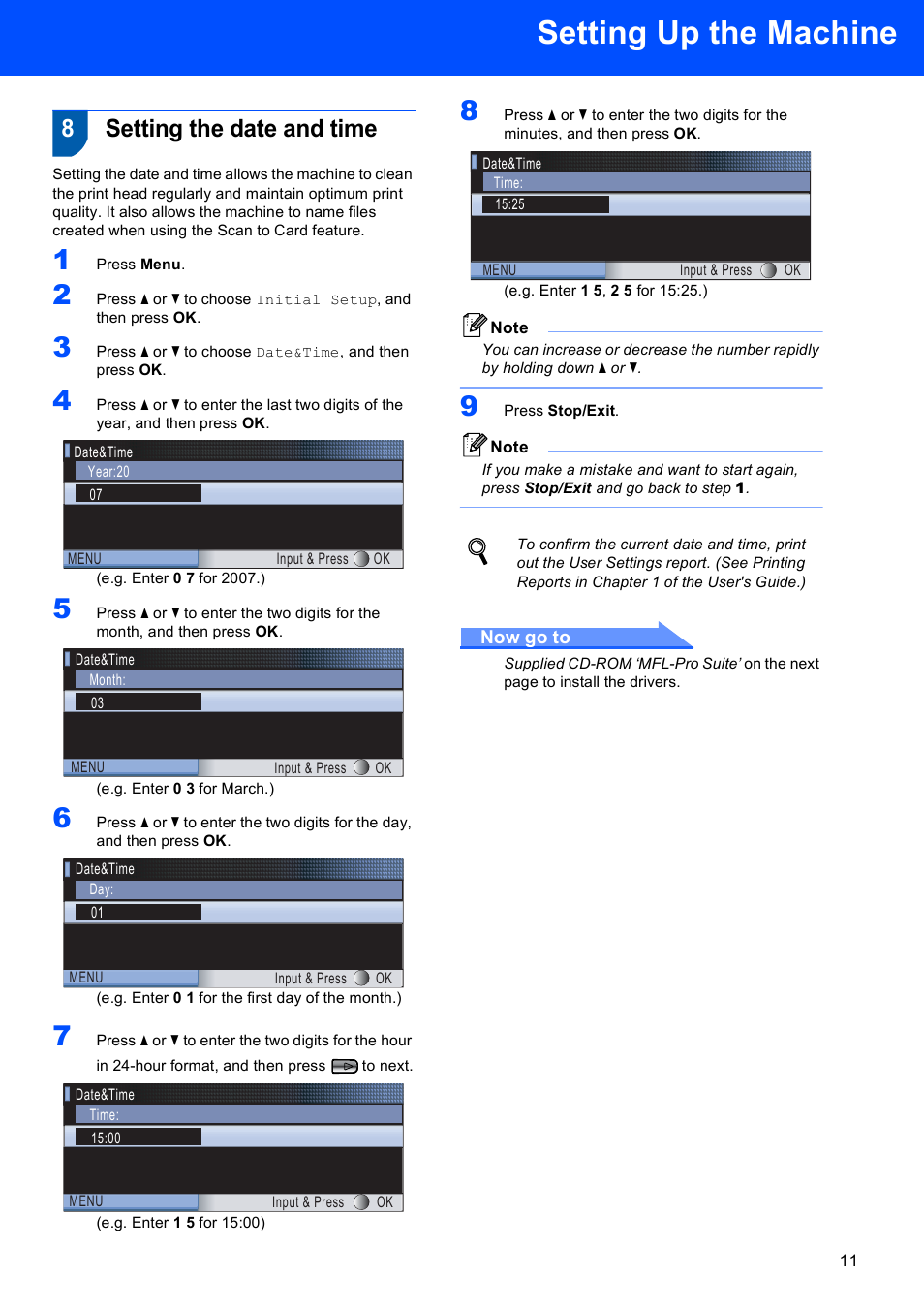 8 setting the date and time, Setting the date and time, Setting up the machine | 8setting the date and time | Brother DCP-770W User Manual | Page 13 / 53