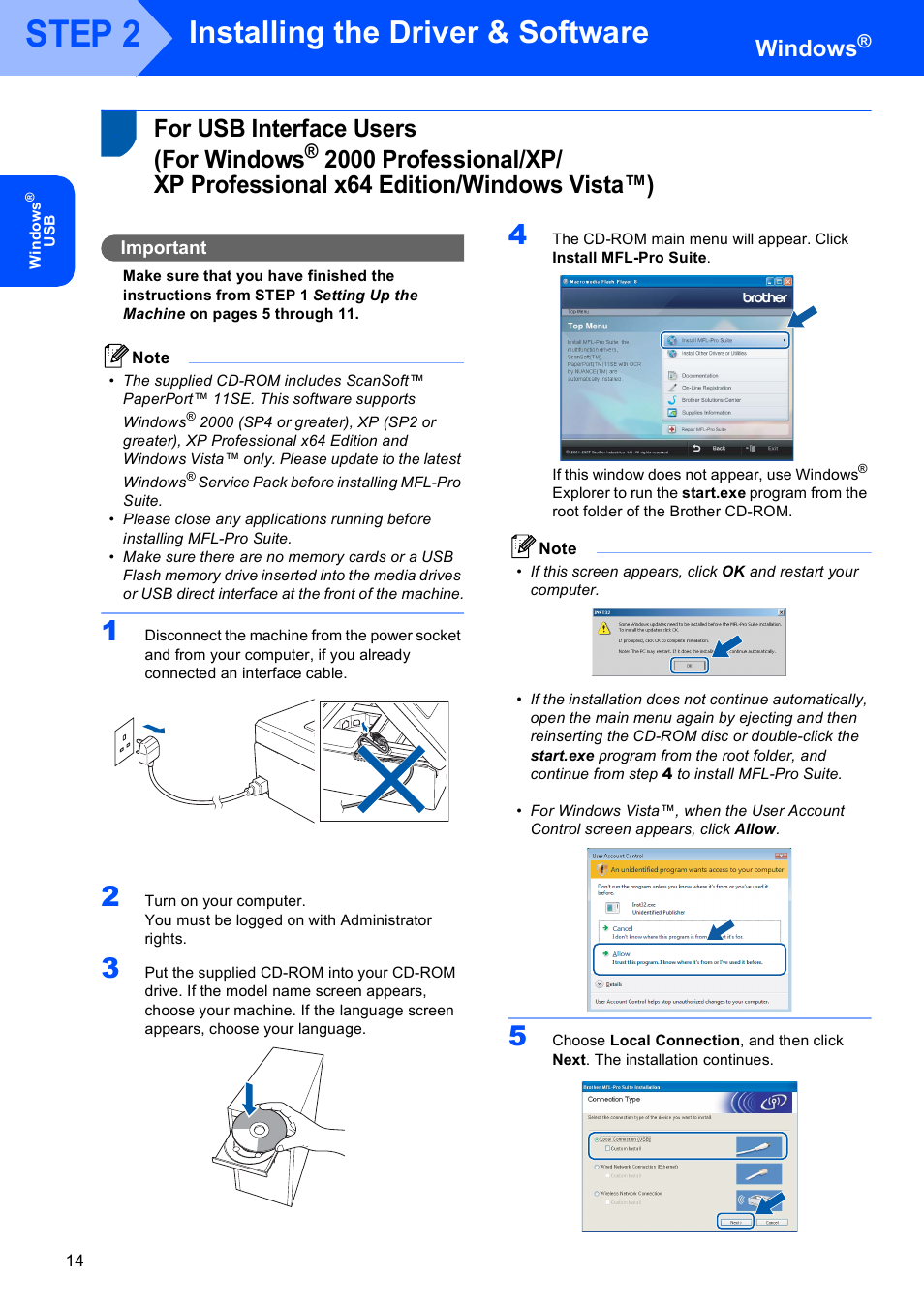 Windows, For usb interface users (for windows, For usb interface users | For windows, 2000 professional/xp, Xp professional x64 edition/windows vista™), Step 2, Installing the driver & software, Important | Brother DCP-770W User Manual | Page 16 / 53