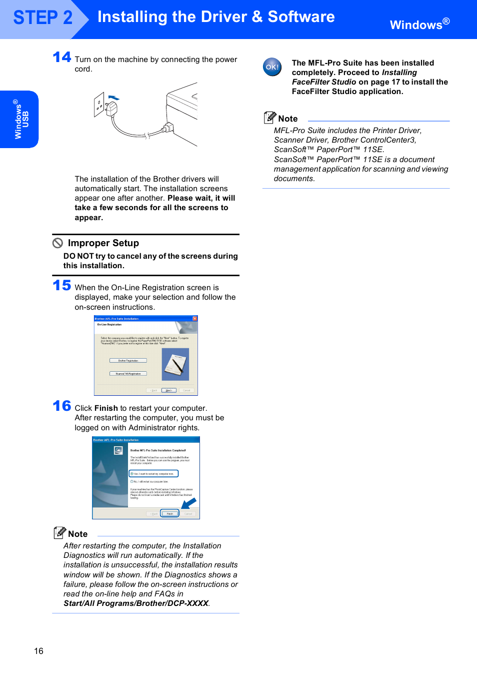 Step 2, Installing the driver & software, Windows | Improper setup | Brother DCP-770W User Manual | Page 18 / 53