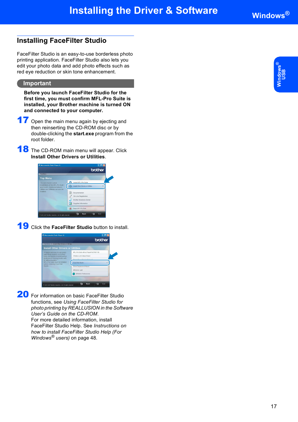 Installing facefilter studio, Installing the driver & software, Windows | Brother DCP-770W User Manual | Page 19 / 53