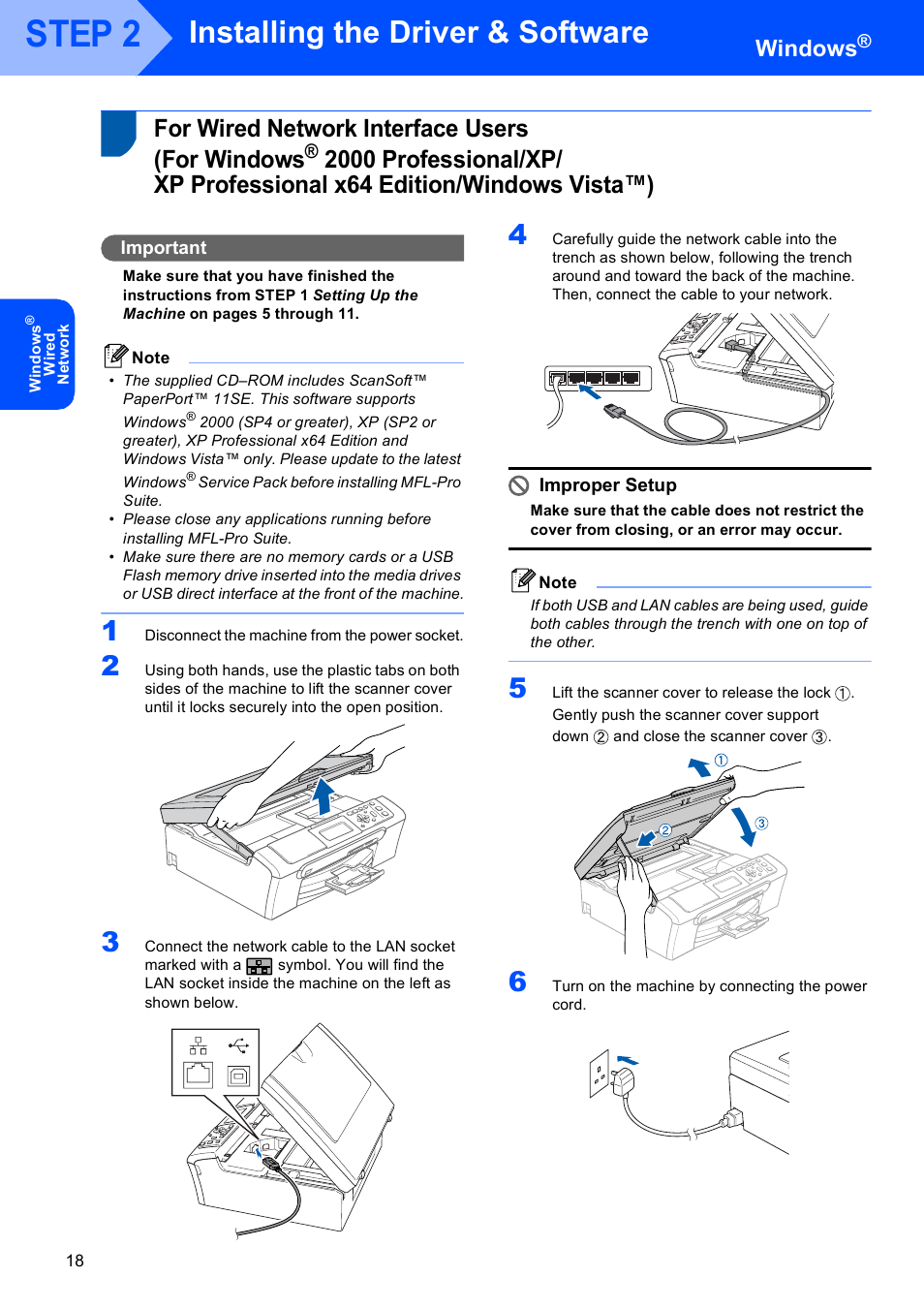 For wired network interface users (for windows, For wired network interface users, For windows | 2000 professional/xp, Xp professional x64 edition/windows vista™), Step 2, Installing the driver & software, Windows, Important, Improper setup | Brother DCP-770W User Manual | Page 20 / 53