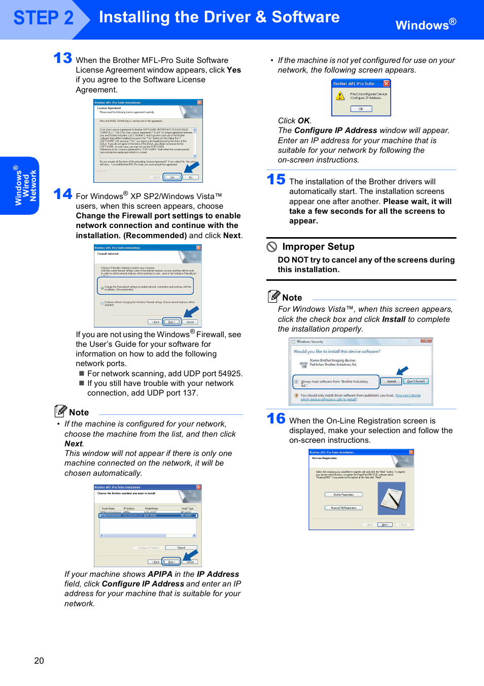 Step 2, Installing the driver & software, Windows | Improper setup | Brother DCP-770W User Manual | Page 22 / 53