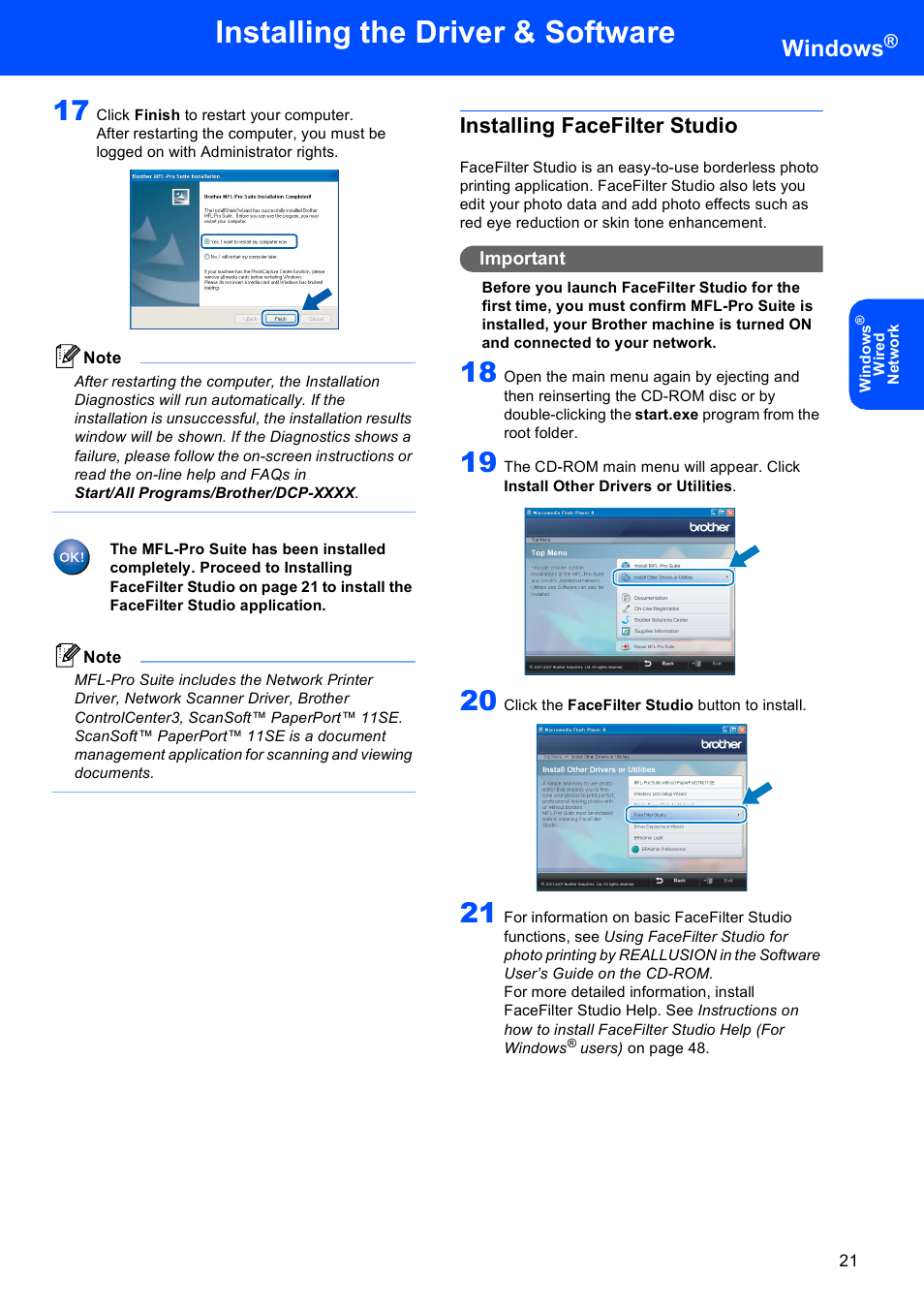 Installing facefilter studio, Installing the driver & software, Windows | Brother DCP-770W User Manual | Page 23 / 53