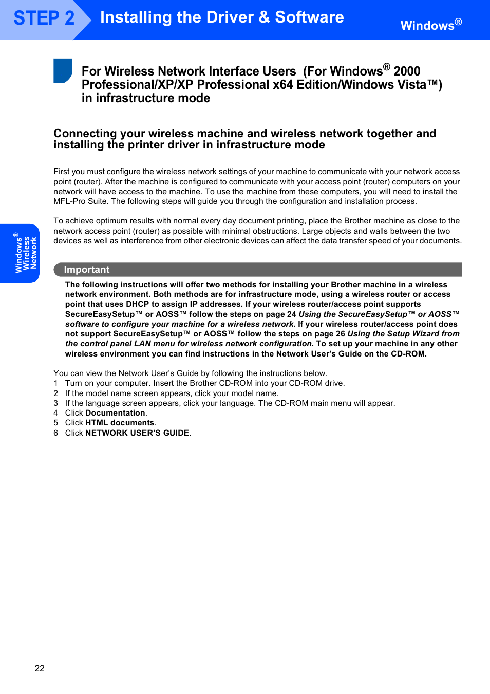 For wireless network interface users (for windows, In infrastructure mode, For wireless network interface users | For windows, 2000 professional/xp, Step 2, Installing the driver & software, Windows | Brother DCP-770W User Manual | Page 24 / 53