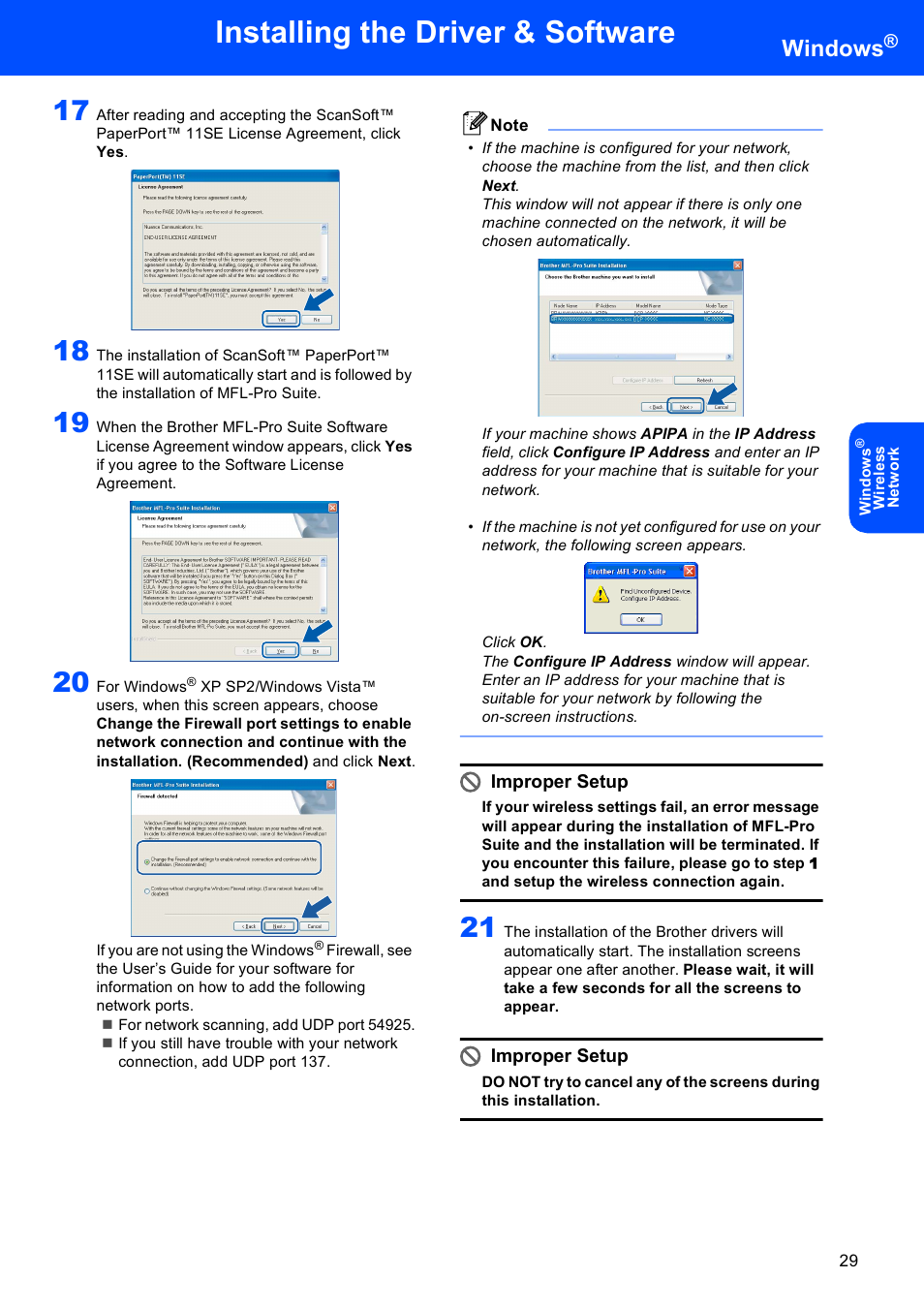 Installing the driver & software, Windows, Improper setup | Brother DCP-770W User Manual | Page 31 / 53