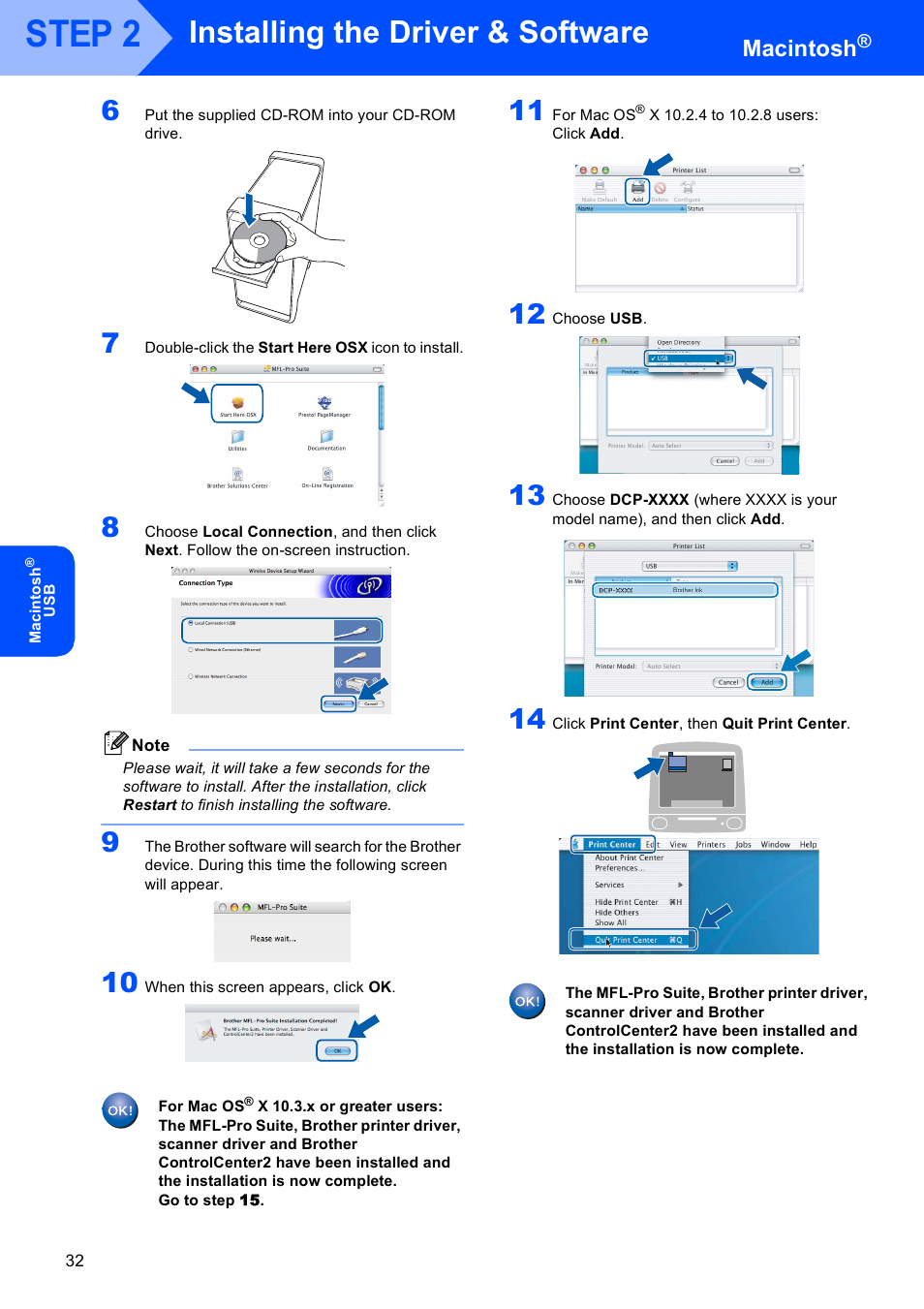 Step 2, Installing the driver & software, Macintosh | Brother DCP-770W User Manual | Page 34 / 53