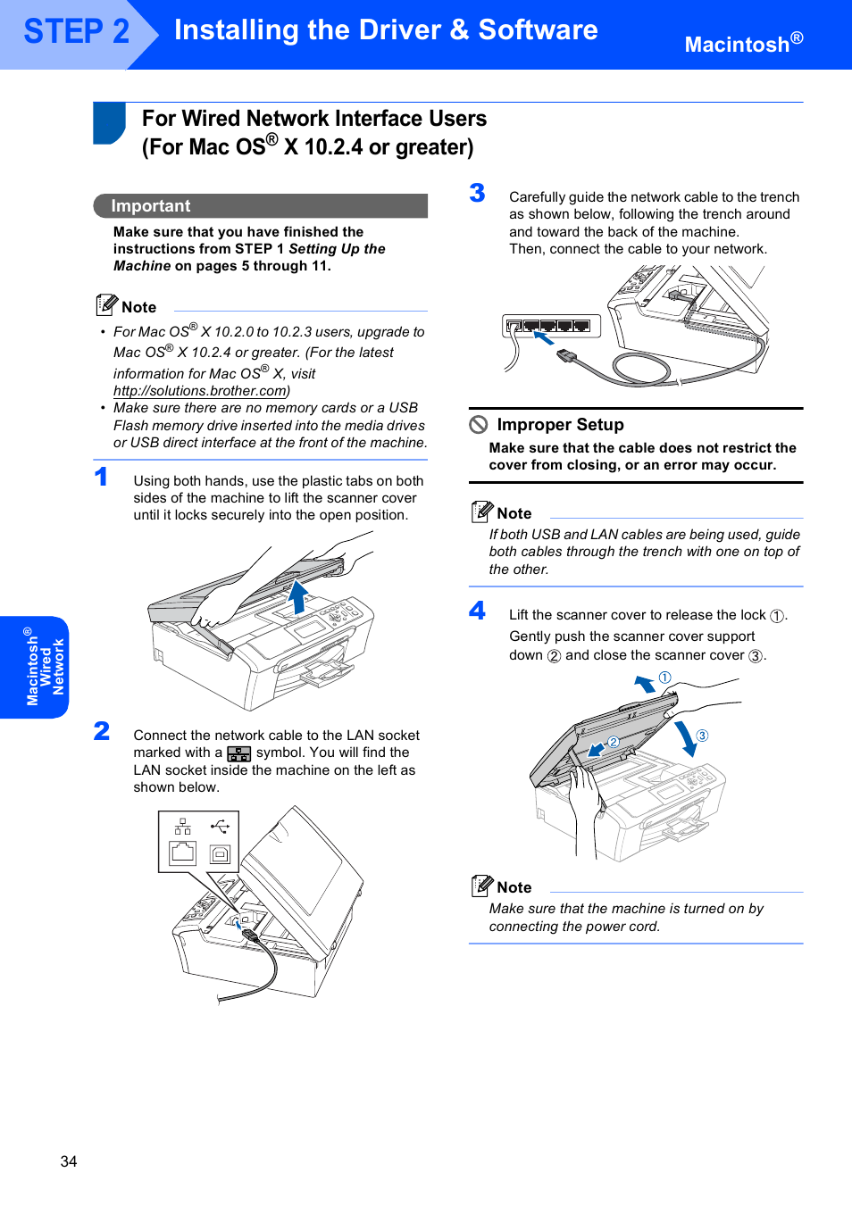 For wired network interface users (for mac os, X 10.2.4 or greater), For wired network interface users | For mac os, Step 2, Installing the driver & software, Macintosh, Important, Improper setup | Brother DCP-770W User Manual | Page 36 / 53