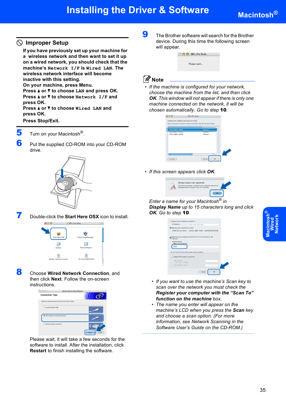 Installing the driver & software, Macintosh, Improper setup | Brother DCP-770W User Manual | Page 37 / 53