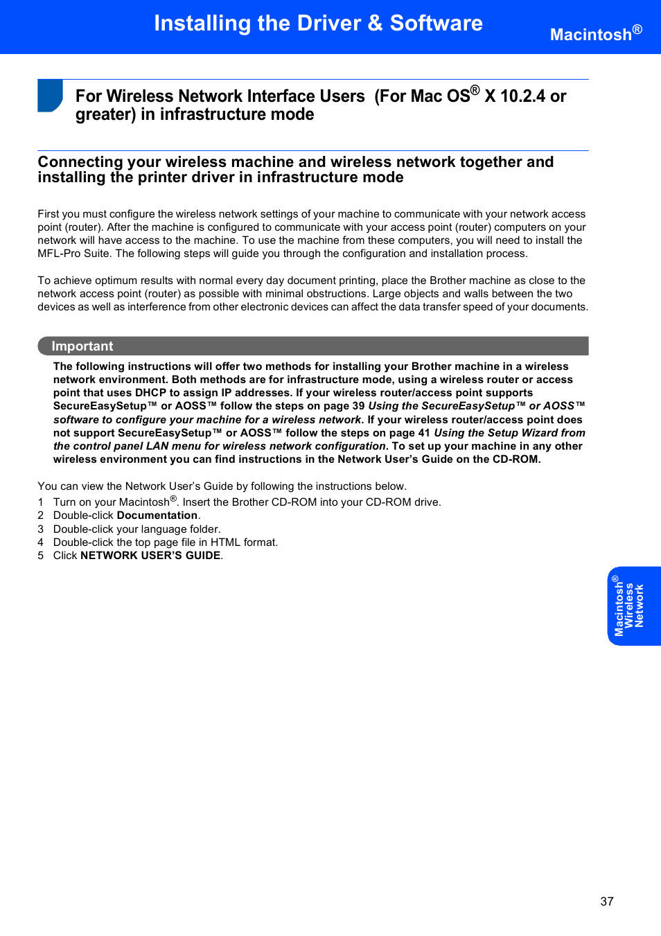 For wireless network interface users (for mac os, X 10.2.4 or greater) in infrastructure mode, For wireless network interface users | For mac os, Installing the driver & software, Macintosh | Brother DCP-770W User Manual | Page 39 / 53