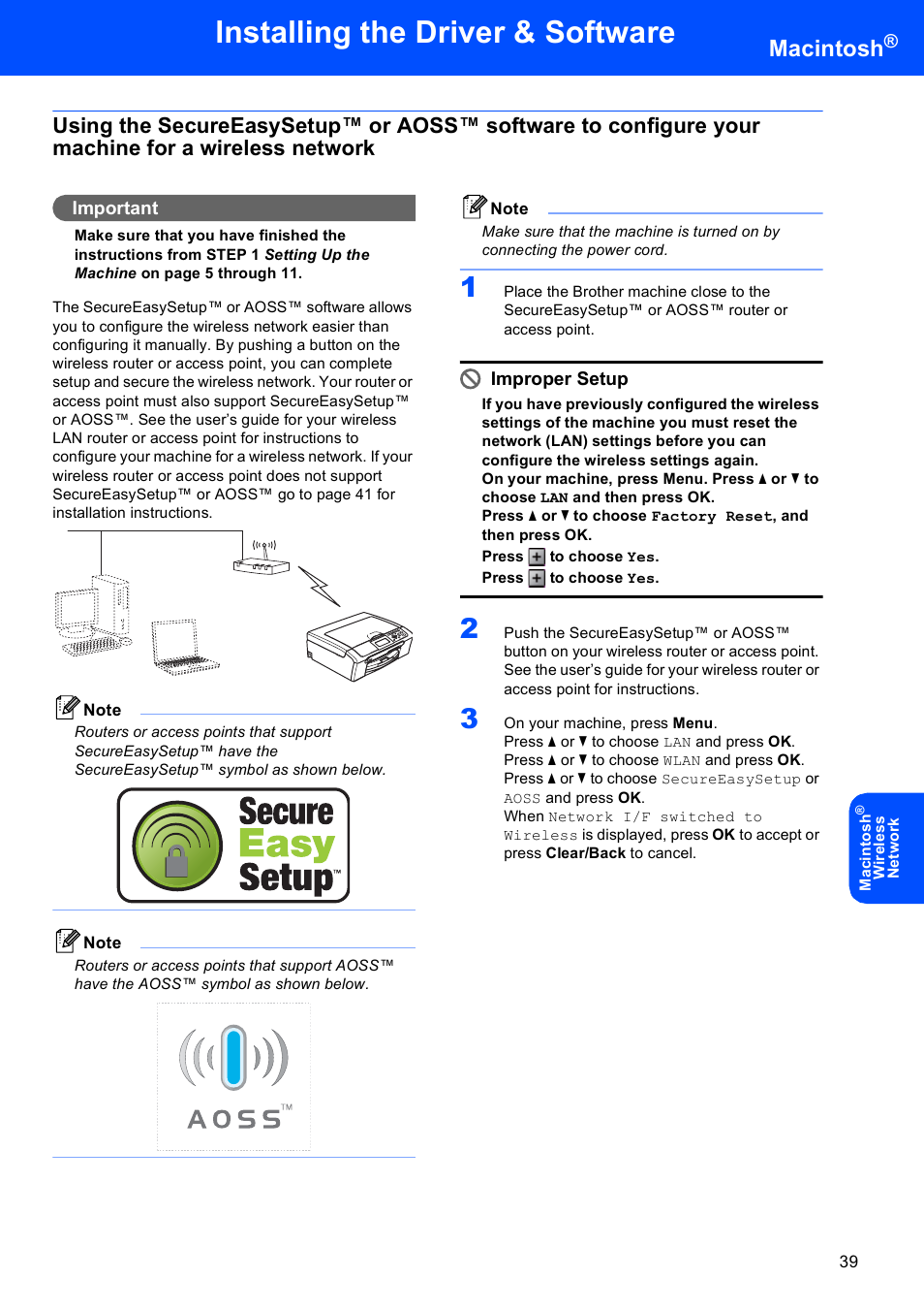 Installing the driver & software, Macintosh, Important | Improper setup | Brother DCP-770W User Manual | Page 41 / 53