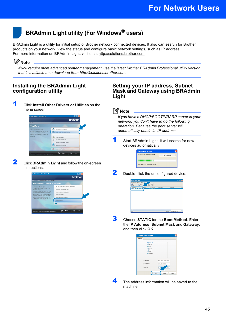 For network users, Bradmin light utility (for windows® users), Installing the bradmin light configuration utility | Bradmin light utility (for windows, Users) | Brother DCP-770W User Manual | Page 47 / 53