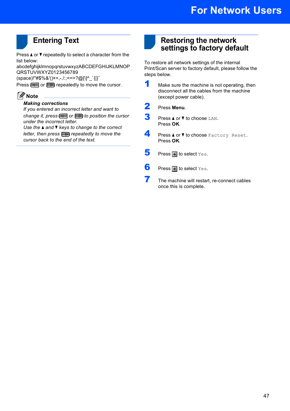 Entering text, Restoring the network settings to factory default, For network users | Brother DCP-770W User Manual | Page 49 / 53