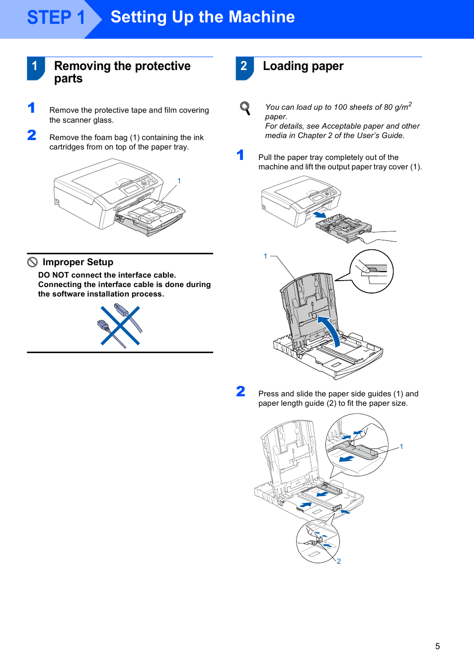 Step 1 setting up the machine, 1 removing the protective parts, 2 loading paper | Step 1, Setting up the machine, Removing the protective parts loading paper, 1removing the protective parts, 2loading paper | Brother DCP-770W User Manual | Page 7 / 53