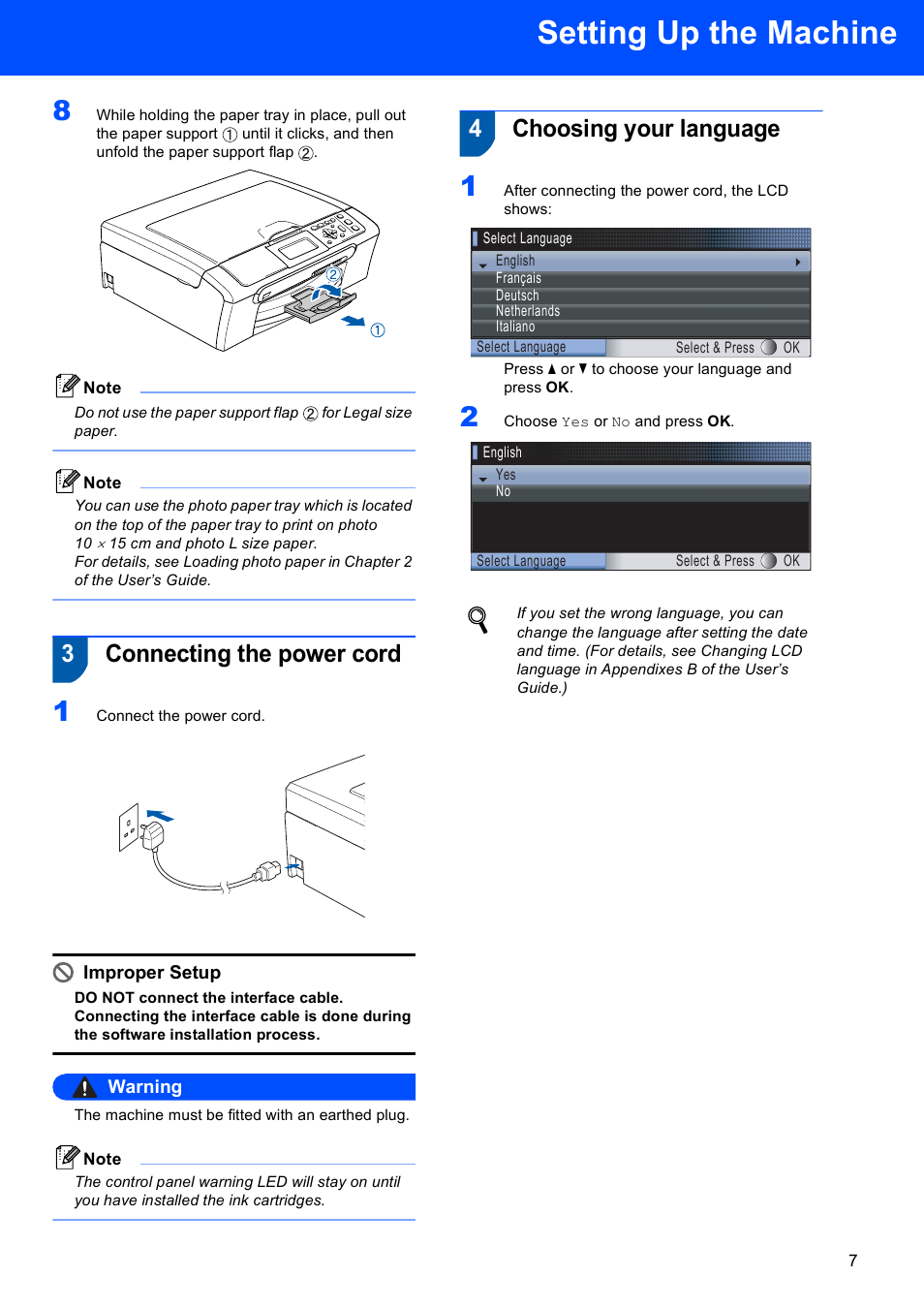 3 connecting the power cord, 4 choosing your language, Connecting the power cord choosing your language | Setting up the machine, 3connecting the power cord, 4choosing your language, Improper setup, Warning | Brother DCP-770W User Manual | Page 9 / 53