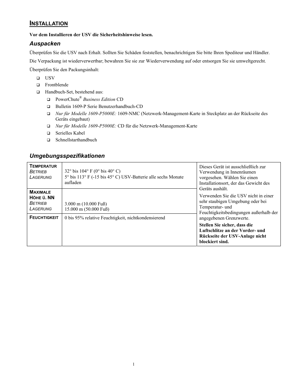 2698-de.pdf, Auspacken, Umgebungsspezifikationen | Rockwell Automation 1609-P5000E Uninterruptible Power Supply Quick Start Guide User Manual | Page 10 / 48