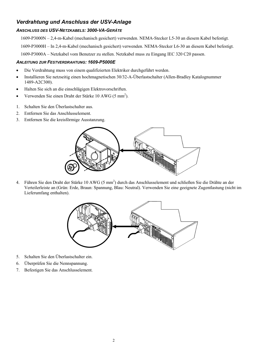 Verdrahtung und anschluss der usv-anlage | Rockwell Automation 1609-P5000E Uninterruptible Power Supply Quick Start Guide User Manual | Page 11 / 48