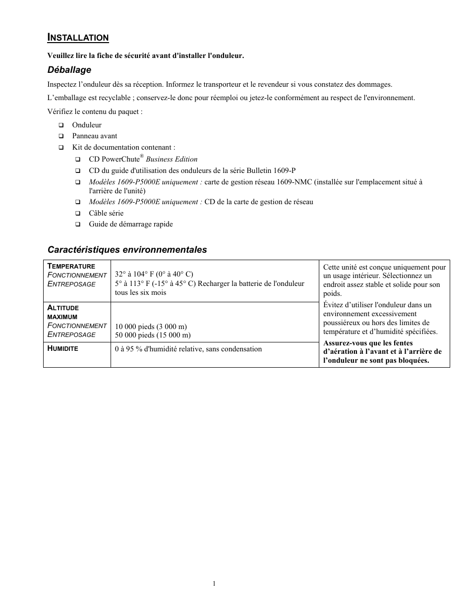 2698-fr.pdf, Déballage, Caractéristiques environnementales | Rockwell Automation 1609-P5000E Uninterruptible Power Supply Quick Start Guide User Manual | Page 18 / 48