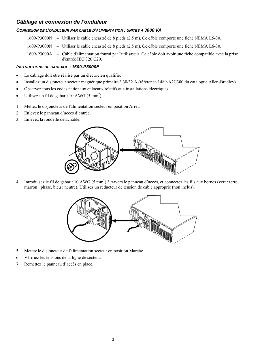 Câblage et connexion de l'onduleur | Rockwell Automation 1609-P5000E Uninterruptible Power Supply Quick Start Guide User Manual | Page 19 / 48