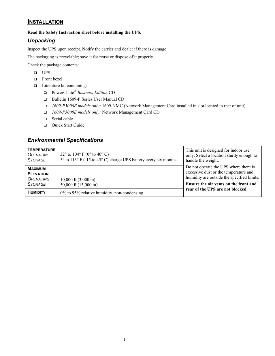 2698-en.pdf, Unpacking, Environmental specifications | Rockwell Automation 1609-P5000E Uninterruptible Power Supply Quick Start Guide User Manual | Page 2 / 48