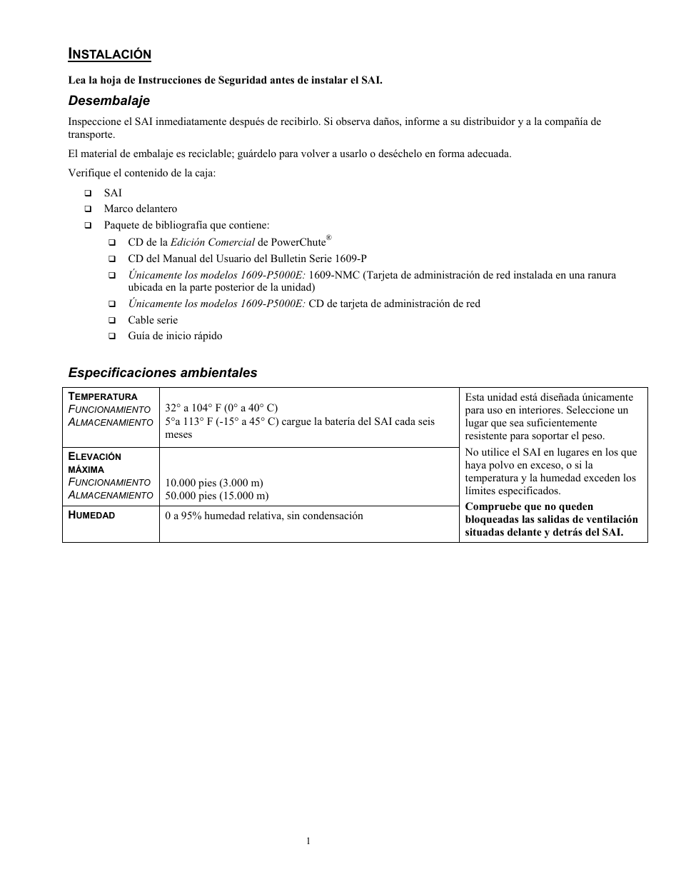 2698-es.pdf, Desembalaje, Especificaciones ambientales | Rockwell Automation 1609-P5000E Uninterruptible Power Supply Quick Start Guide User Manual | Page 26 / 48