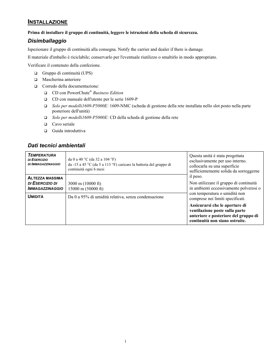 2698-it.pdf, Disimballaggio, Dati tecnici ambientali | Rockwell Automation 1609-P5000E Uninterruptible Power Supply Quick Start Guide User Manual | Page 34 / 48