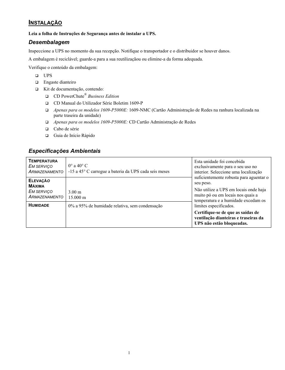2698-pt.pdf, Desembalagem, Especificações ambientais | Rockwell Automation 1609-P5000E Uninterruptible Power Supply Quick Start Guide User Manual | Page 42 / 48