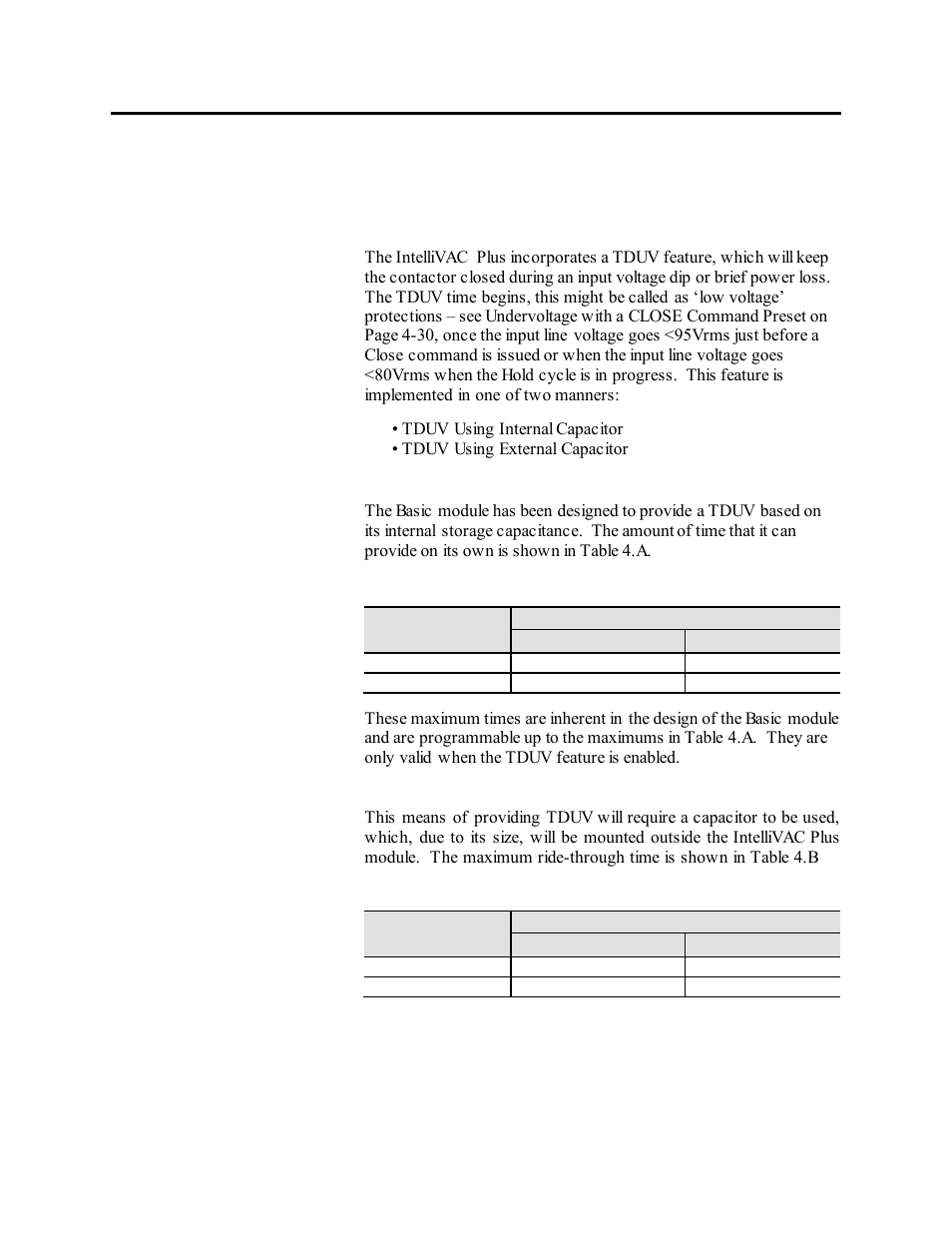 Chapter 4_description of features_b, Time delayed under-voltage ridethrough (tduv), Tduv using external capacitor | Tduv using internal capacitor, Description of features, Chapter | Rockwell Automation 1503VC IntelliVAC Plus Contactor Control Module User Manual | Page 28 / 387