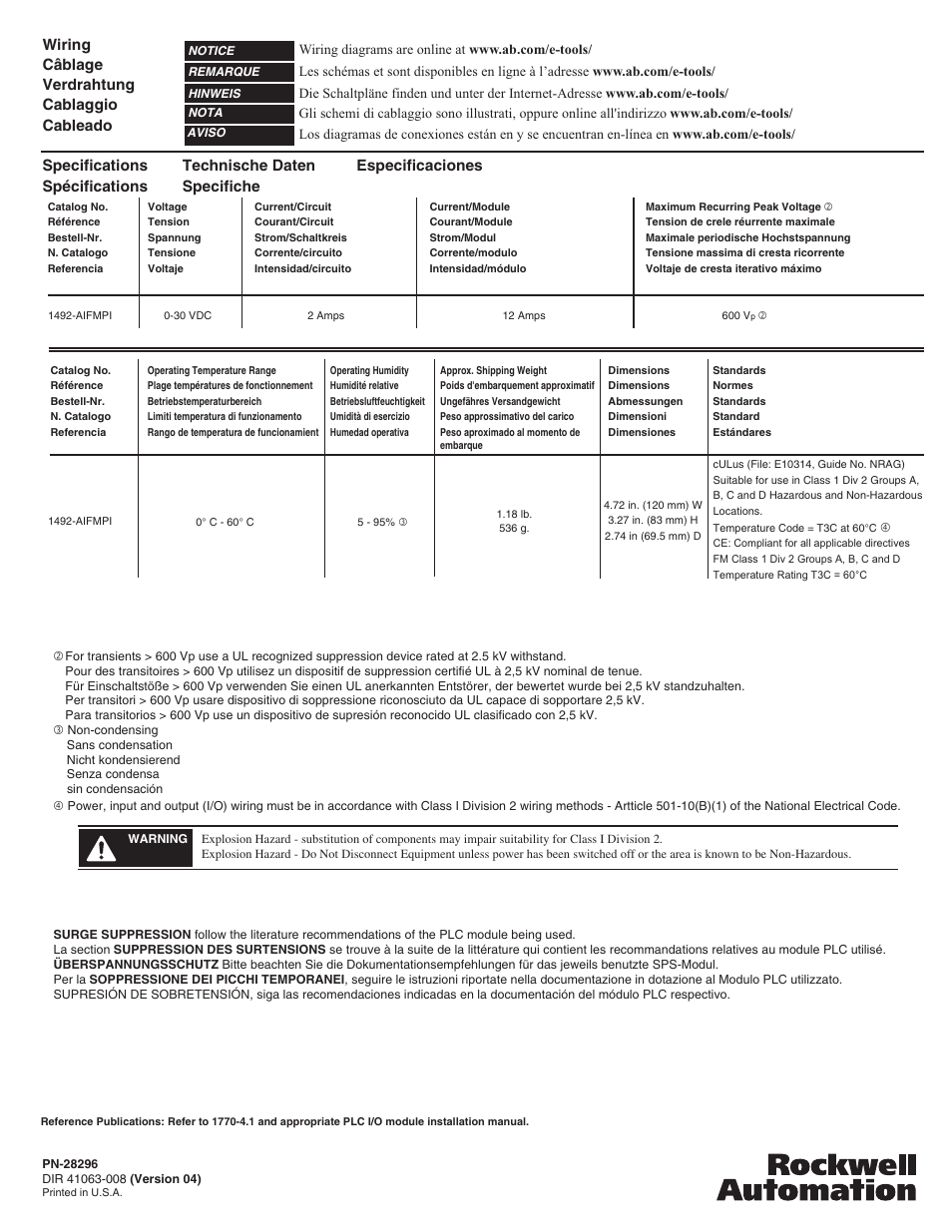 Technische daten specifiche especificaciones | Rockwell Automation 1492-AIFMPI Fusible Analog Interface Module for 1757-PMI Module User Manual | Page 6 / 6