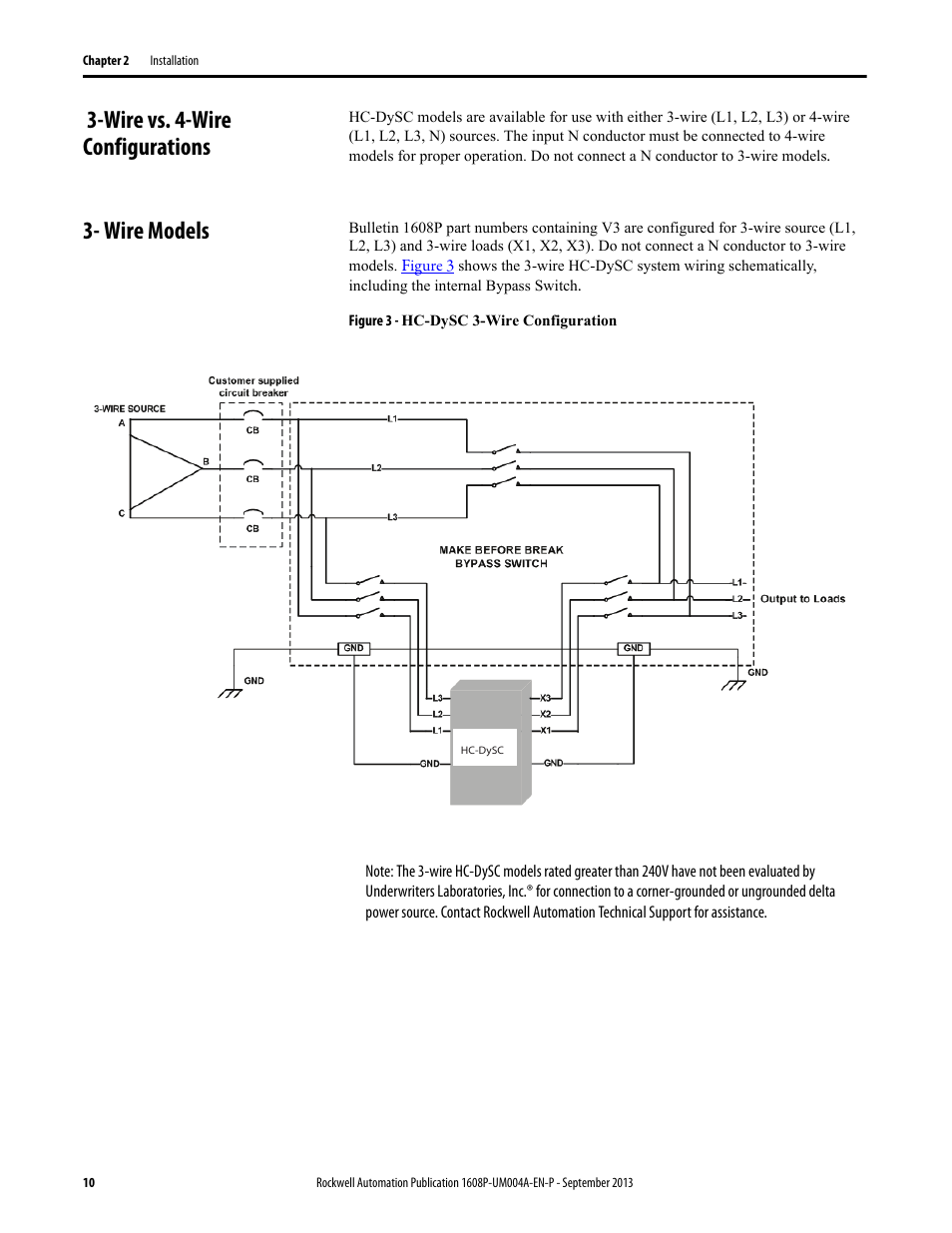 Wire vs. 4-wire configurations, Wire models, Figure 3 - hc-dysc 3-wire configuration | Wire vs. 4-wire configurations 3- wire models | Rockwell Automation 1608P HC-DySC Installation Instructions, 200 A User Manual | Page 10 / 22