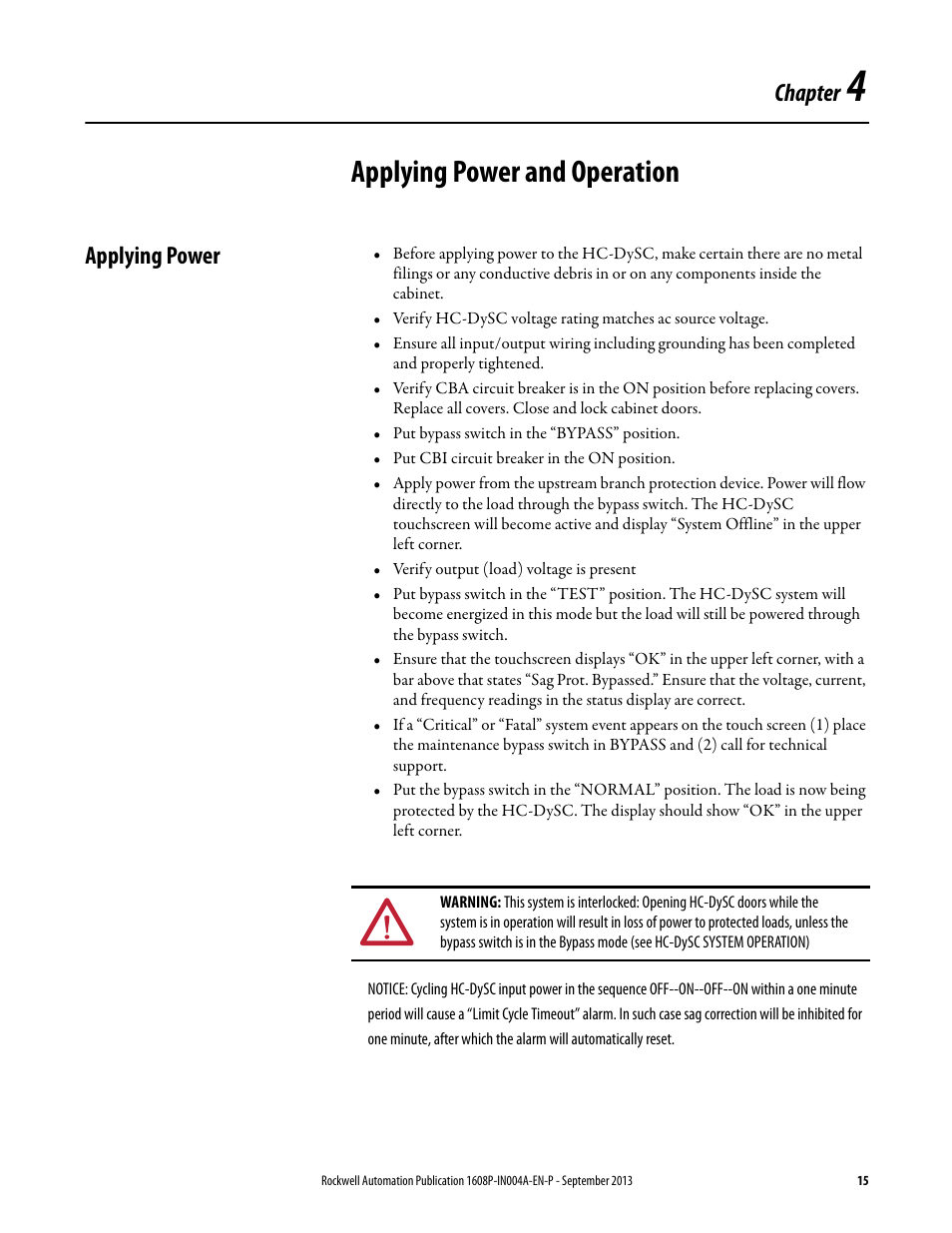 Chapter 4, Applying power and operation, Applying power | Ch 4 - applying power and operation, Chapter | Rockwell Automation 1608P HC-DySC Installation Instructions, 200 A User Manual | Page 15 / 22