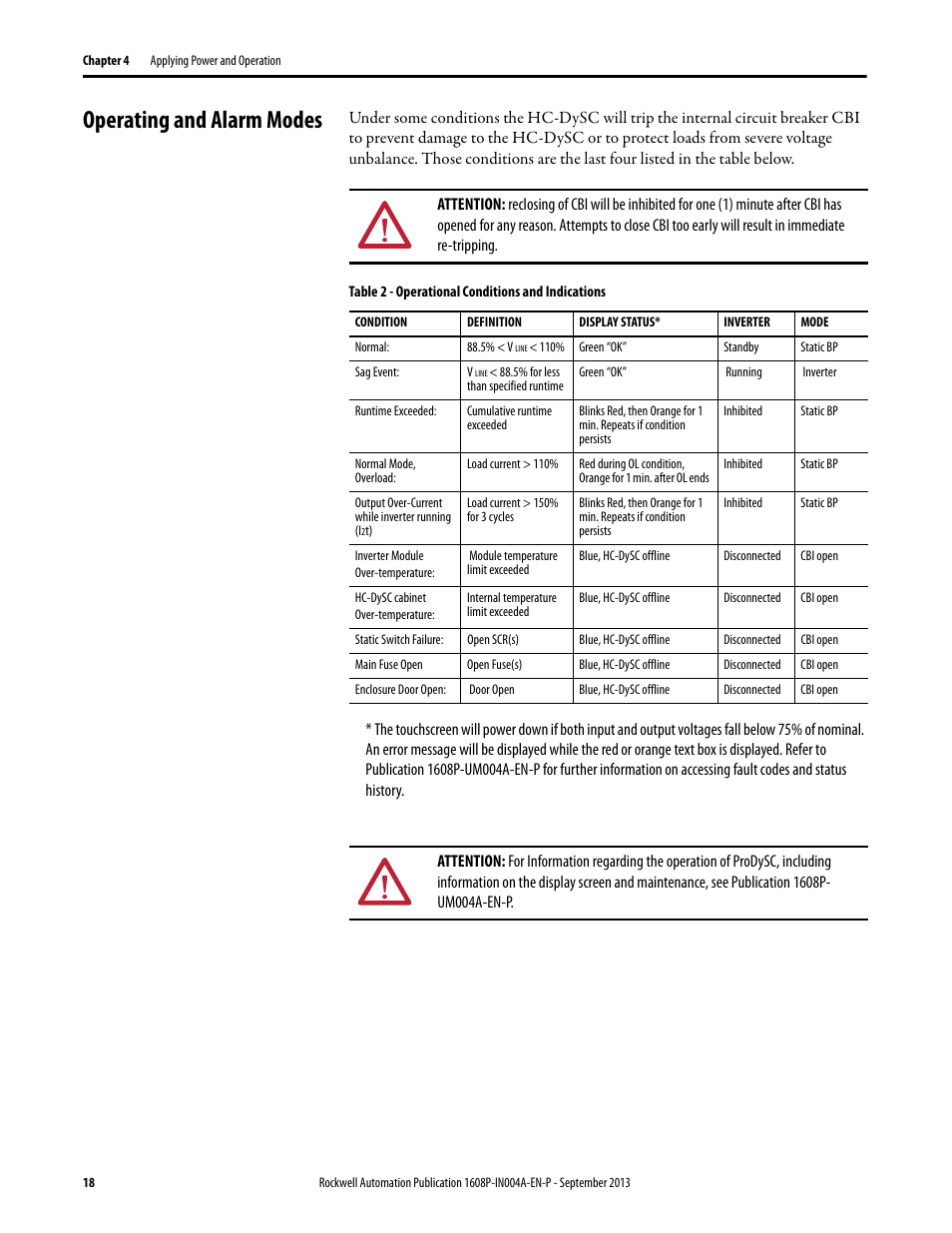 Operating and alarm modes, Table 2 - operational conditions and indications | Rockwell Automation 1608P HC-DySC Installation Instructions, 200 A User Manual | Page 18 / 22